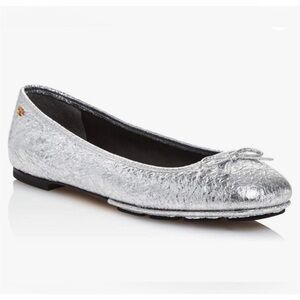 Tory Burch Laila 2 Driver Ballet Flats Crinkle Metallic Silver Leather Size 6.5